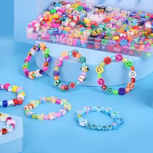 1000PCS Polymer Clay Beads Bracelet Making kit, 24 Style Cute Fun Beads Fruit Flower Smiley Animal Cake Butterfly Heart Beads Charms for Jewelry Necklace Earring Making DIY Accessories for Women Girls