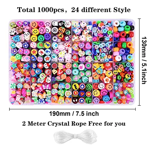 1000PCS Polymer Clay Beads Bracelet Making kit, 24 Style Cute Fun Beads Fruit Flower Smiley Animal Cake Butterfly Heart Beads Charms for Jewelry Necklace Earring Making DIY Accessories for Women Girls