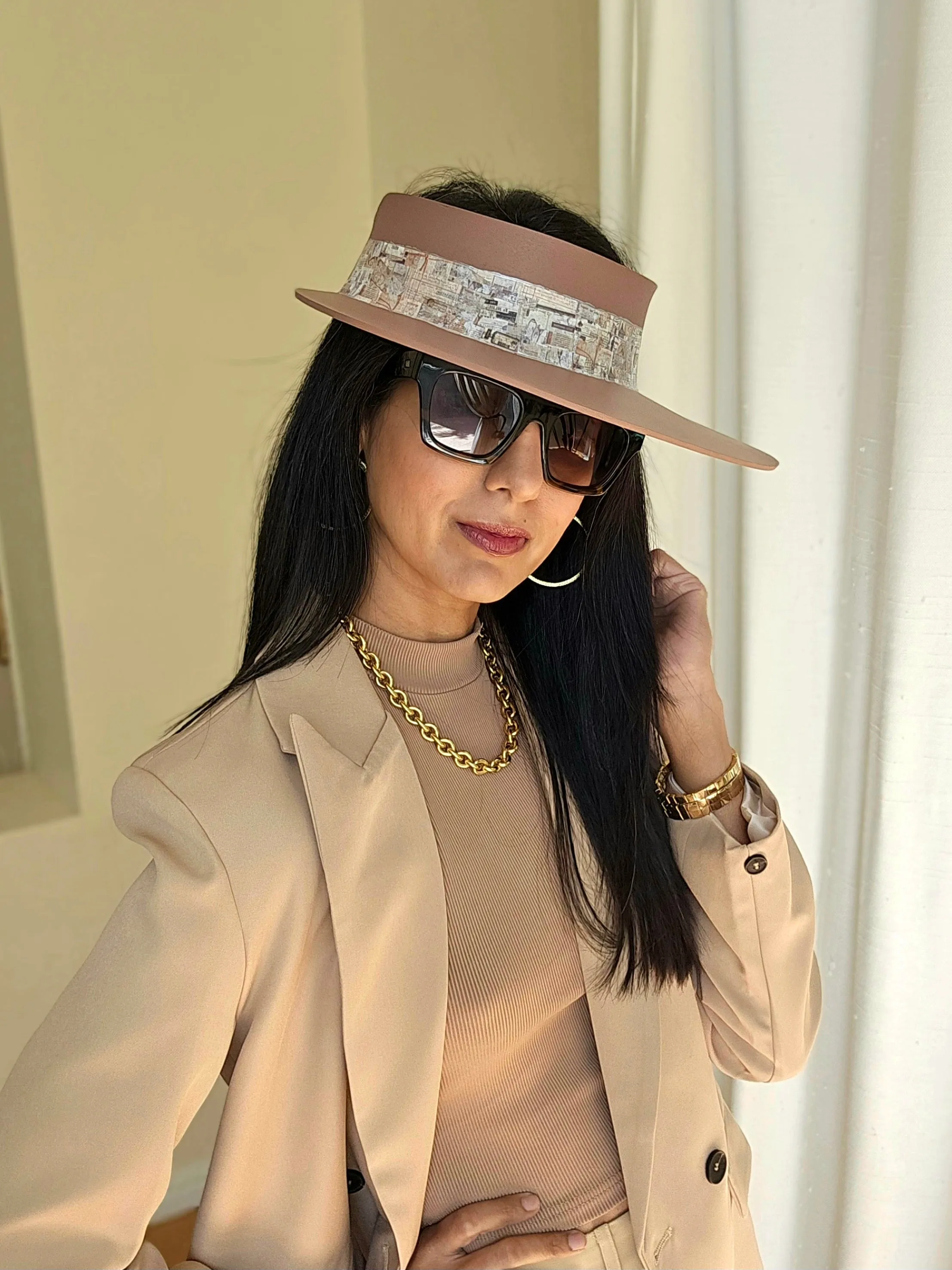 Brown "LadyEVA" Visor Hat with Vintage Collage Style Band