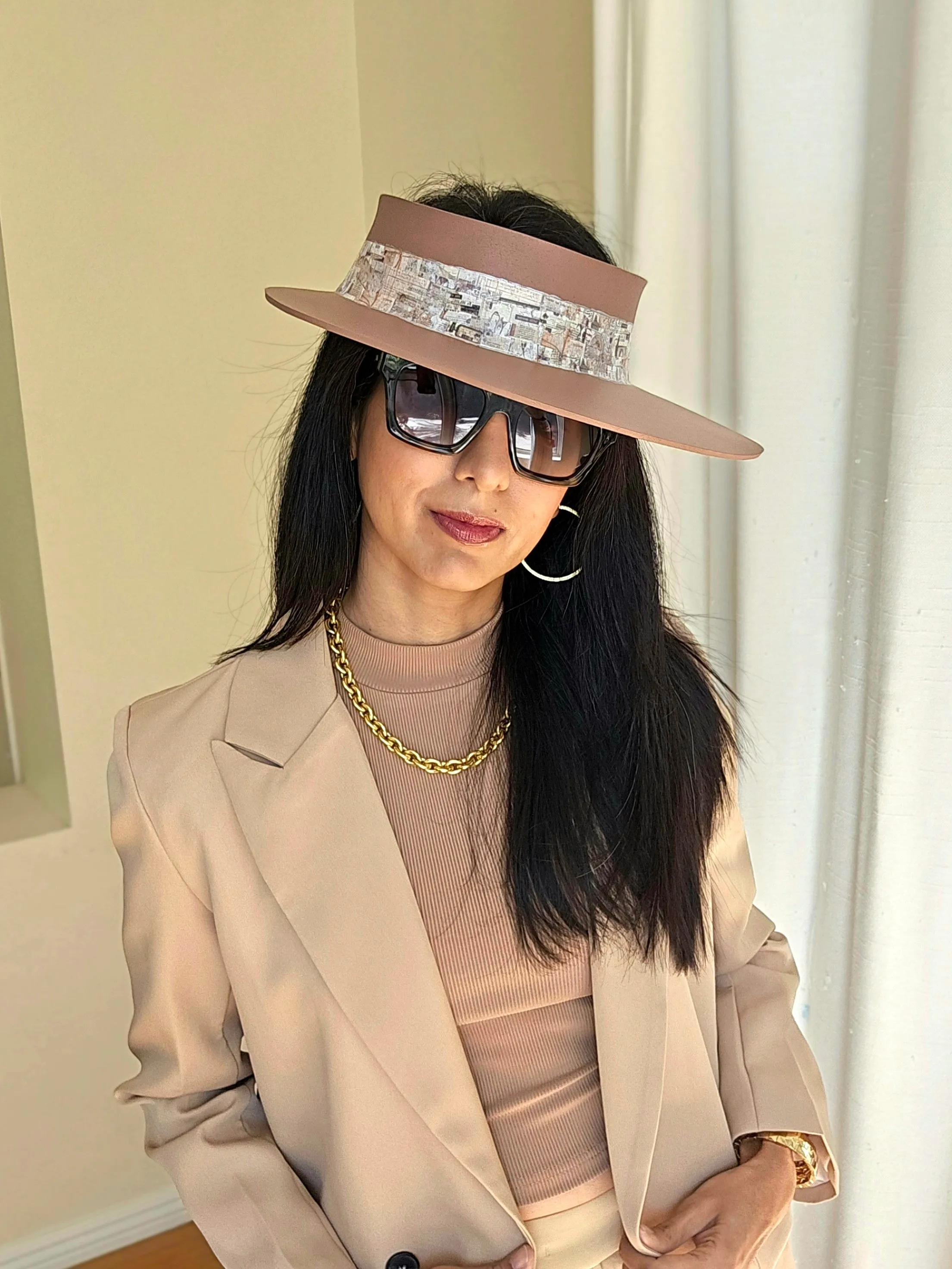 Brown "LadyEVA" Visor Hat with Vintage Collage Style Band