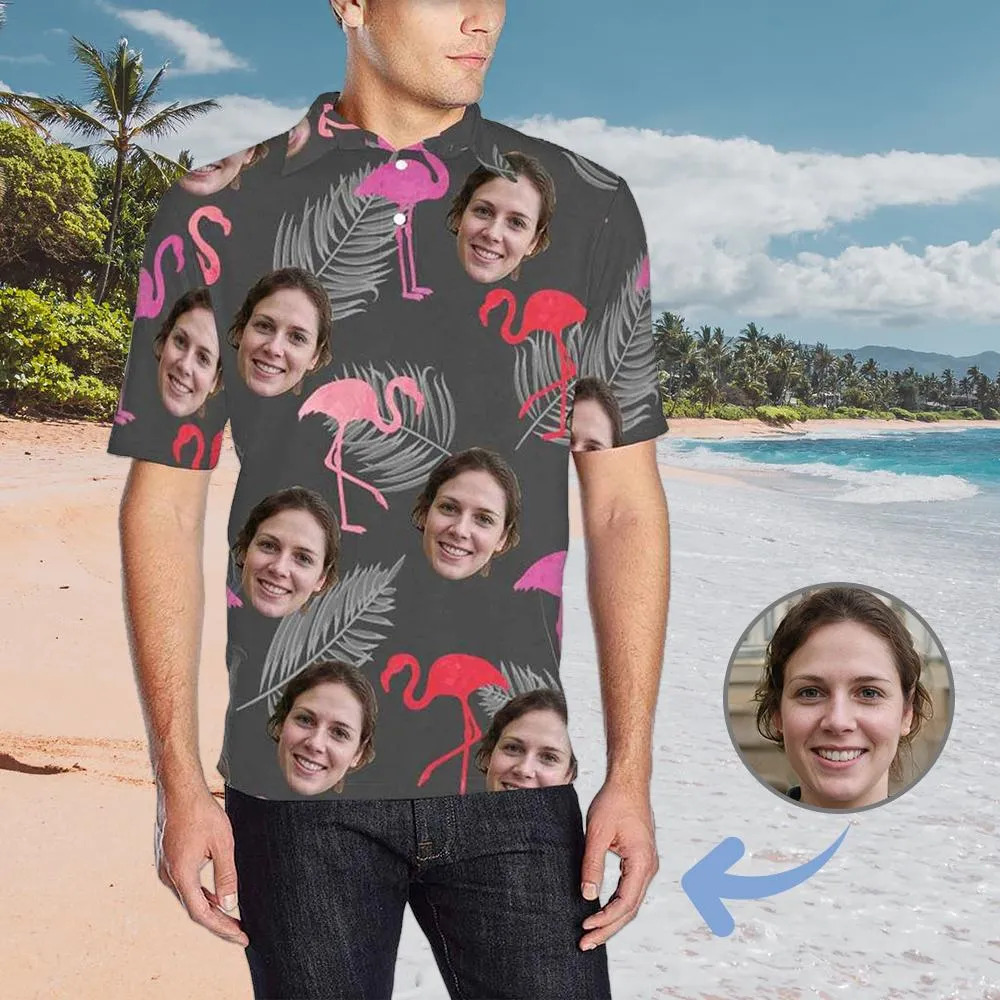 Custom Face Grey Flamingo All Over Print Polo Shirt Personalized Men's Golf Shirt