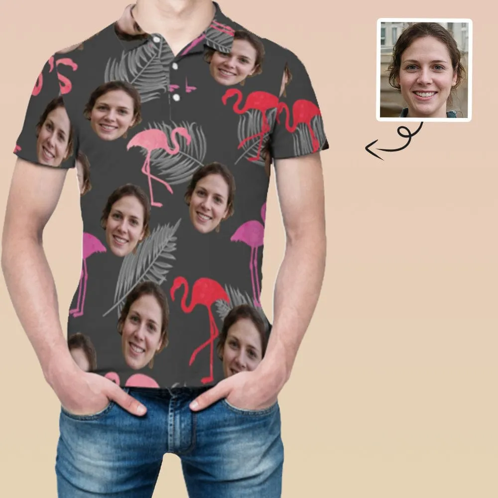 Custom Face Grey Flamingo All Over Print Polo Shirt Personalized Men's Golf Shirt