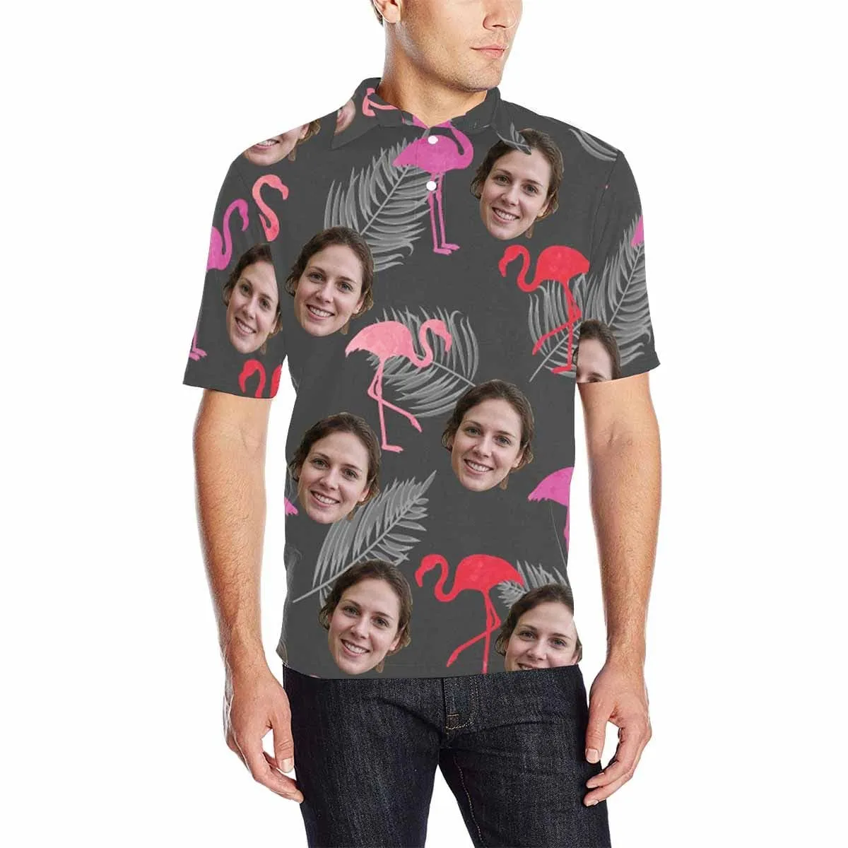Custom Face Grey Flamingo All Over Print Polo Shirt Personalized Men's Golf Shirt