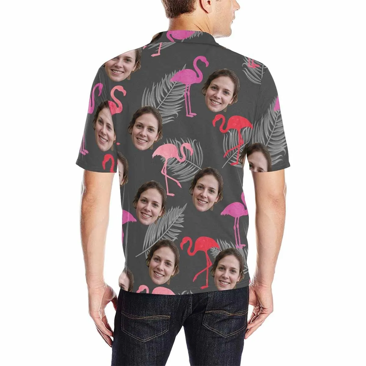 Custom Face Grey Flamingo All Over Print Polo Shirt Personalized Men's Golf Shirt