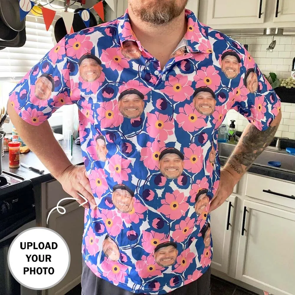 Custom Face Pink Flowers Polo Shirts for Men Personalized Golf Shirt Design Your Own Polo Shirts for Summer