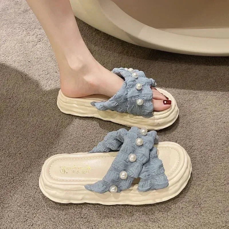 Hnzxzm 2024 New Fairy Style Platform Dissolved Shoes Female Seaside Beach Slippers Ins Pearl Sandals Women's Summer Outer Wear Shoes