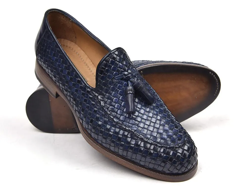 Paul Parkman Woven Leather Tassel Loafers Navy Shoes (ID#WVN44-NAVY)