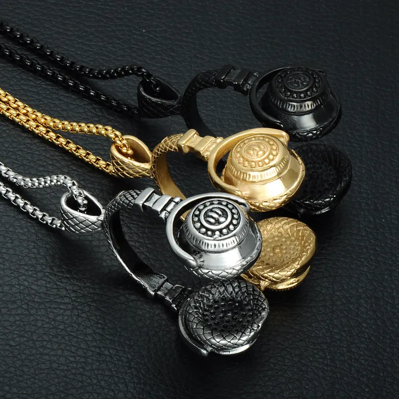 Punk Gold Color Titanium Stainless Steel Headphones Pendants Men Necklace