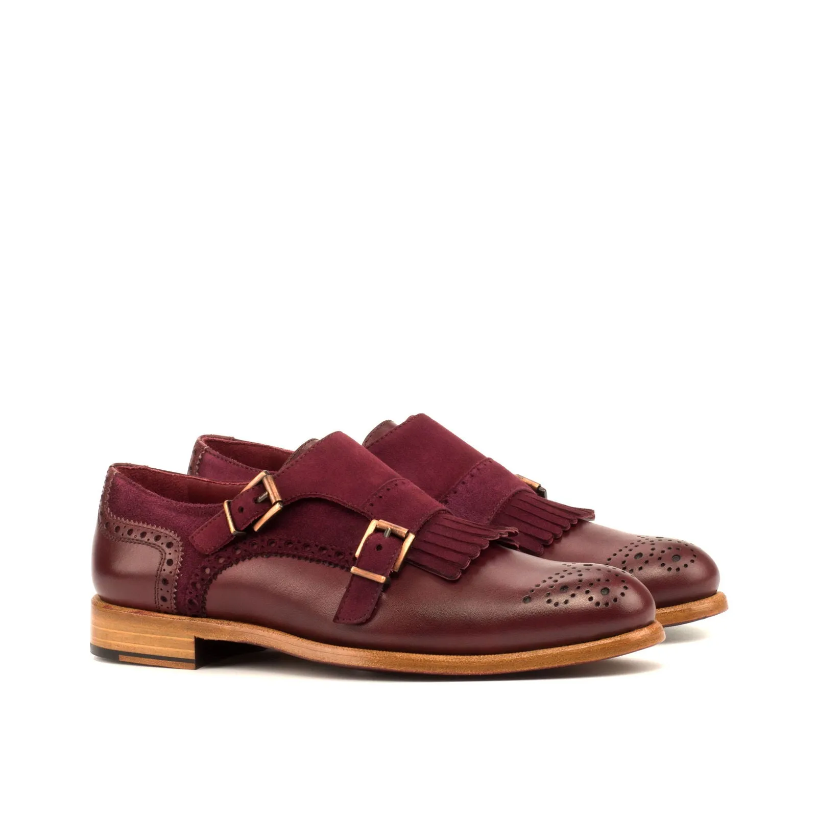 Women's Kiltie Monk Strap Leather Shoes Burgundy 3601