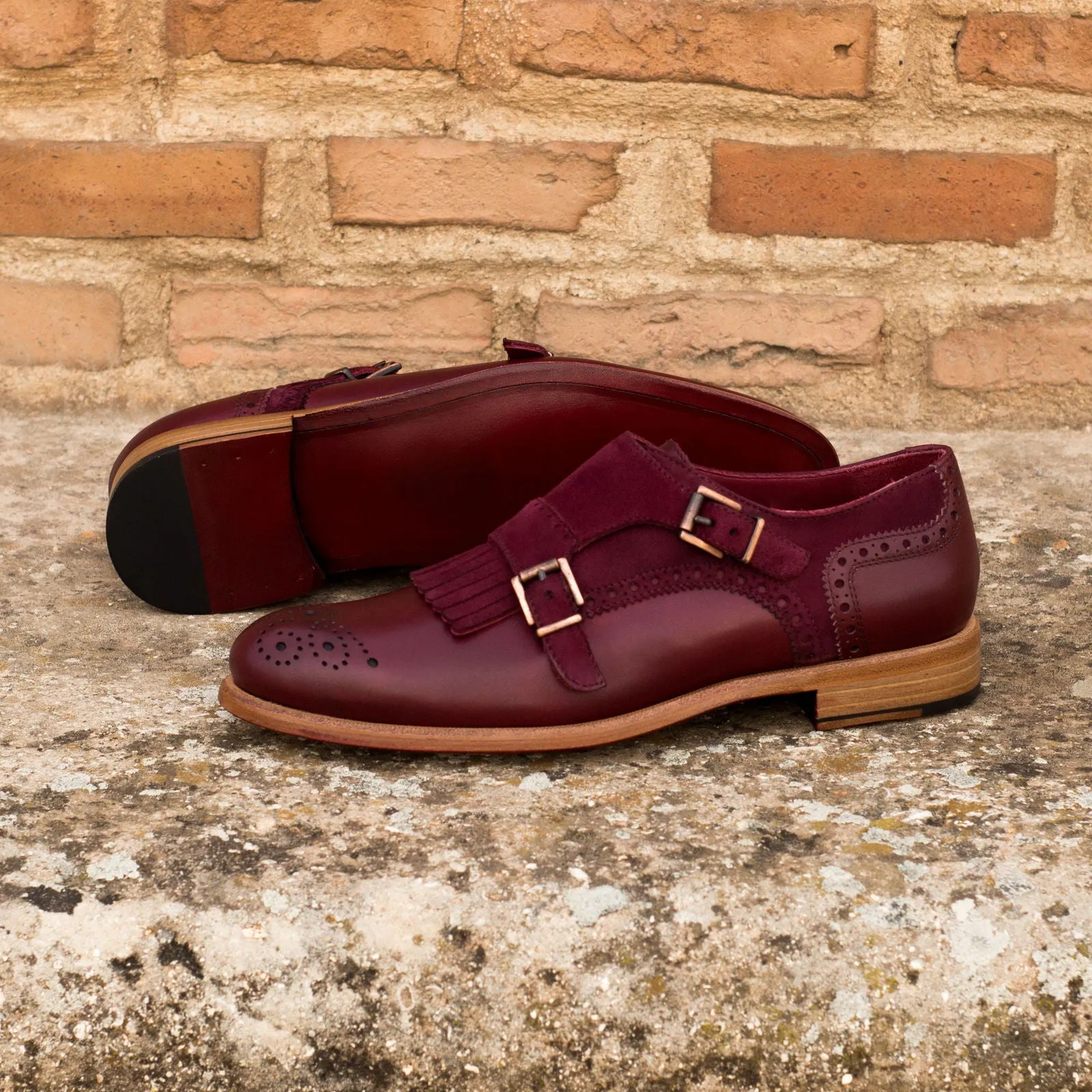 Women's Kiltie Monk Strap Leather Shoes Burgundy 3601