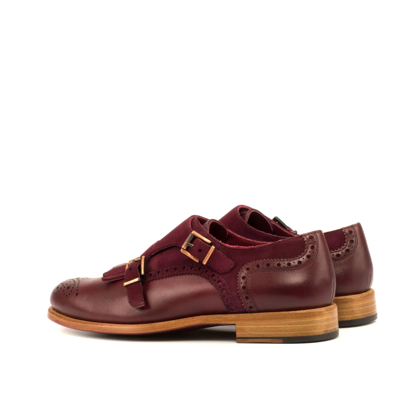Women's Kiltie Monk Strap Leather Shoes Burgundy 3601