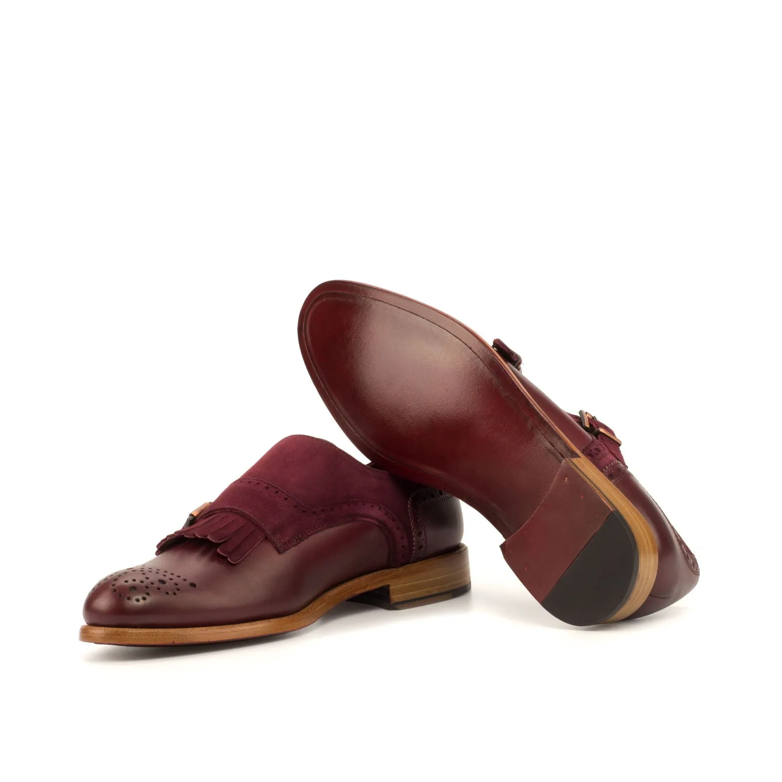 Women's Kiltie Monk Strap Leather Shoes Burgundy 3601